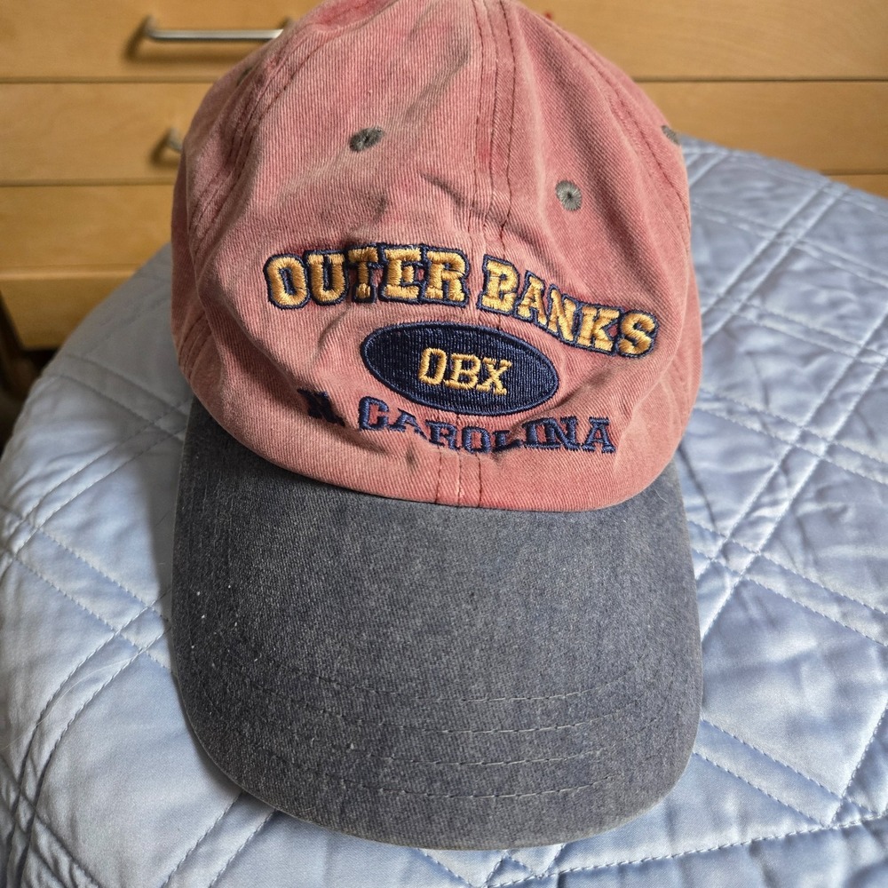 OBX Outer Banks NC Cap red/blue distressed embroidered brass clasp adj. Pacifica